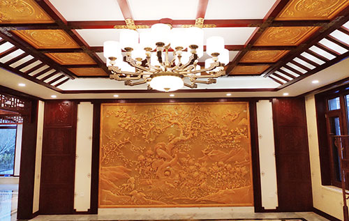 荆门中式别墅客厅中式木作横梁吊顶装饰展示