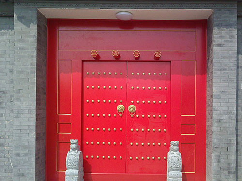 荆门中国传统四合院系列朱红色中式木制大门木作